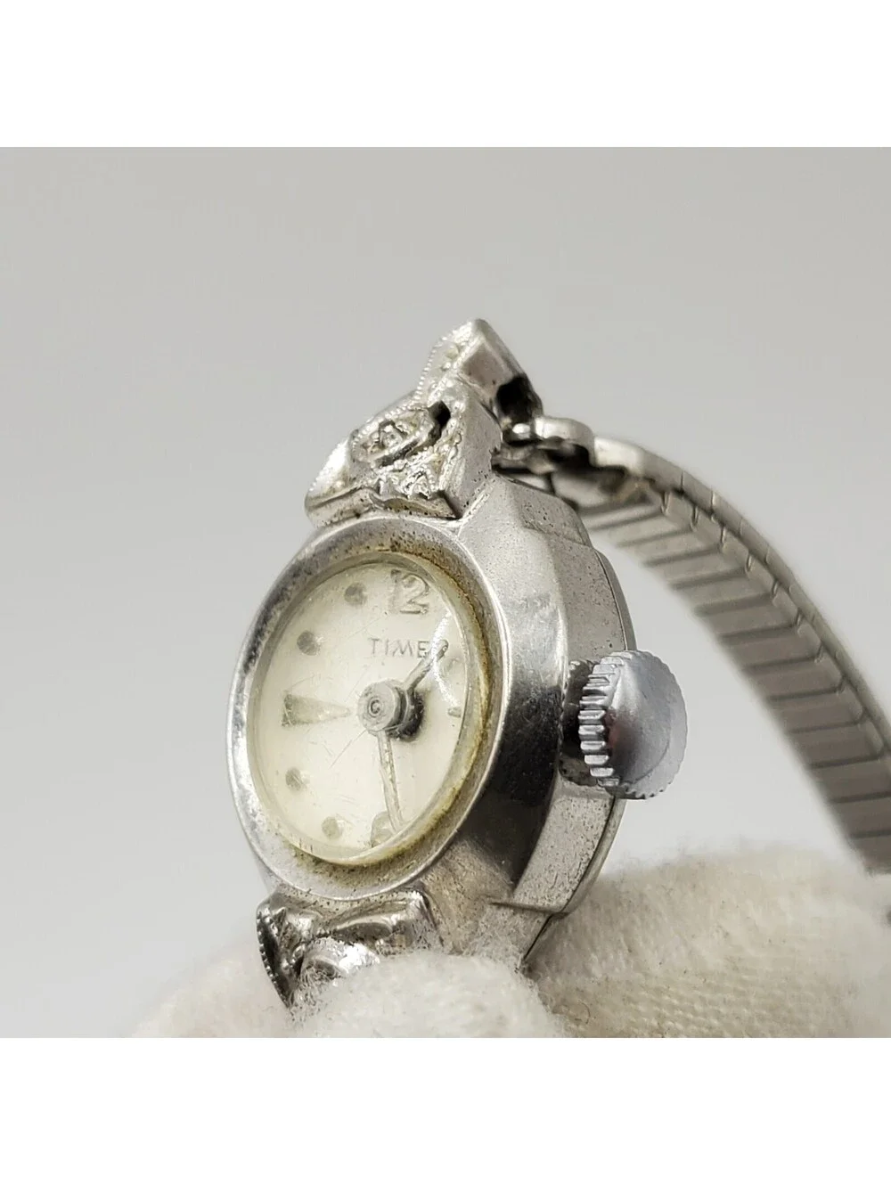 Vintage Timex Rhodium Plate Bezel Mechanical Watch Women For Parts Or Repair